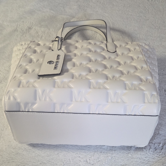 Michael Kors White Embossed MK Tote - Picture 8 of 8